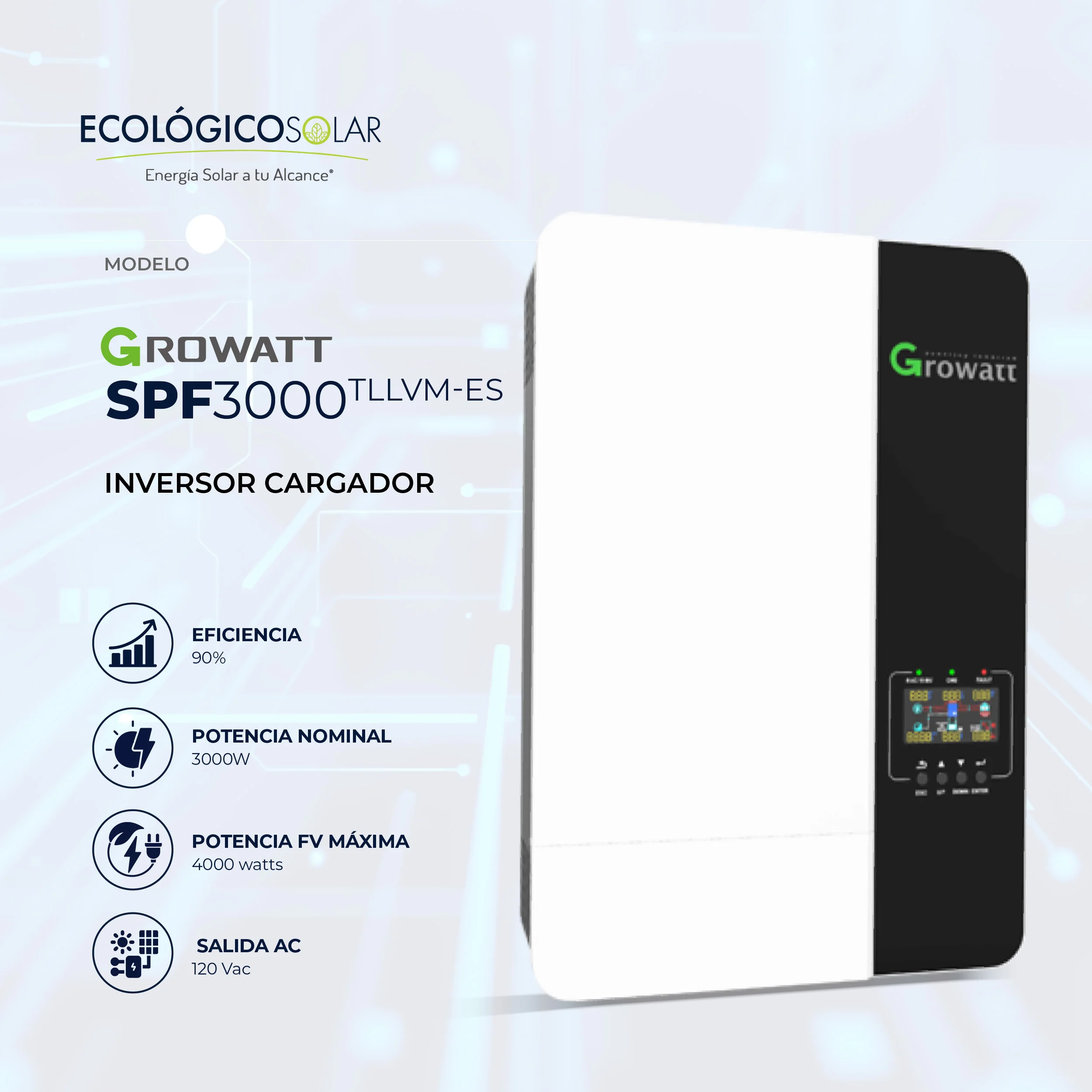 Inversor Cargador SPF LVM 3000 ES Marca Growatt 48v 120V AC