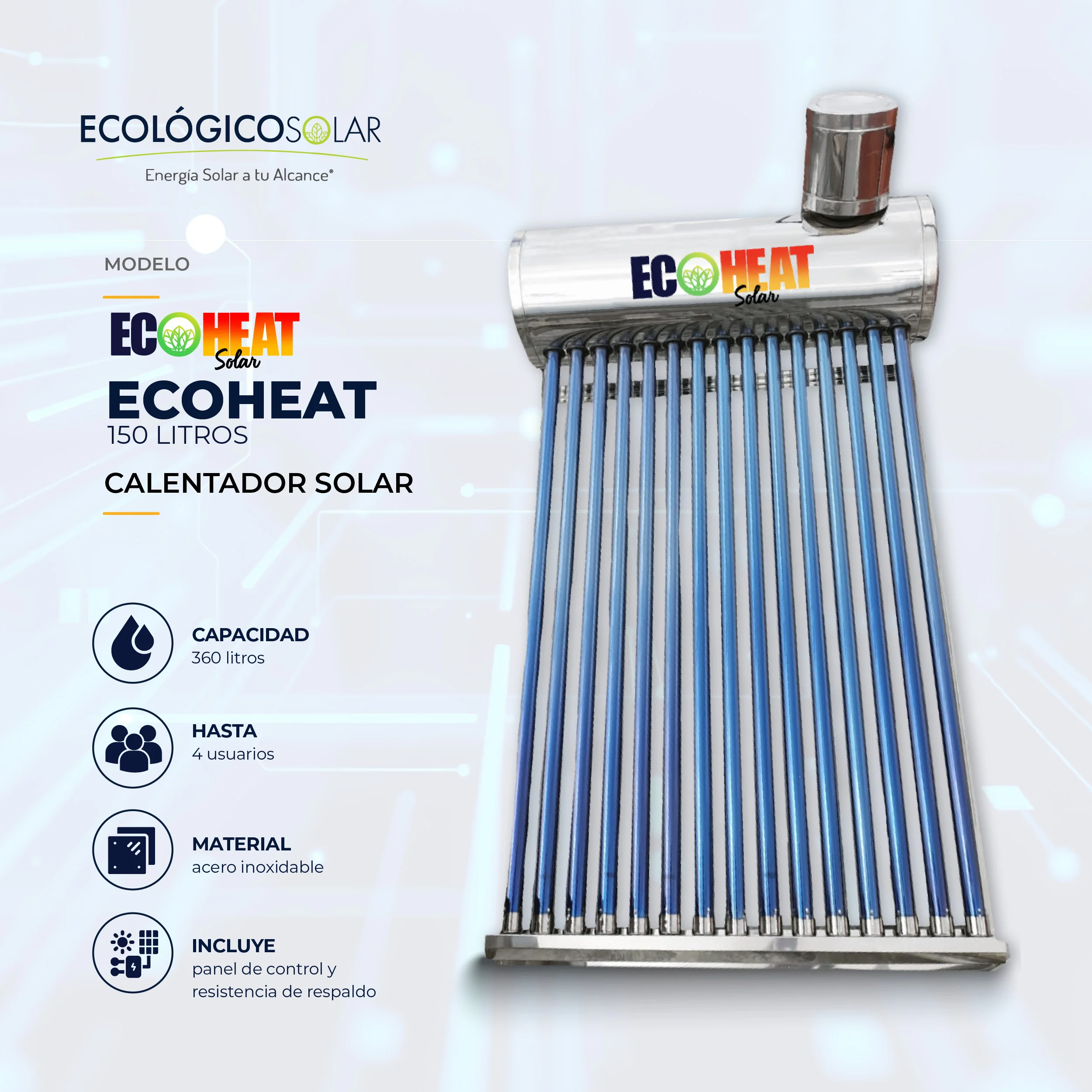 Calentador Solar 150L (Inox/ Inox ) con accesorios (magnesio y kit eléctrico)
