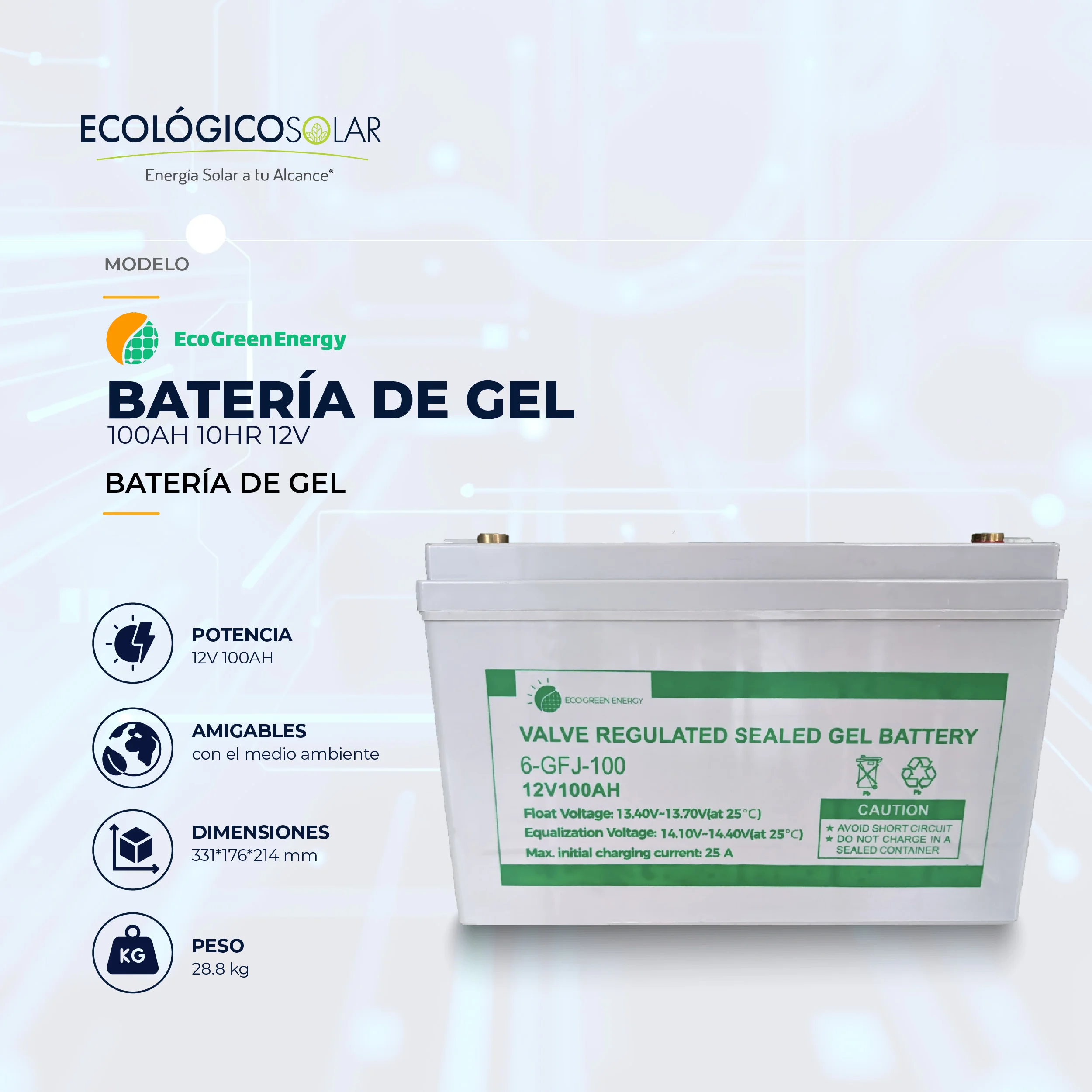 Batería ECO GREEN Gel de 100Ah 10hr 12V