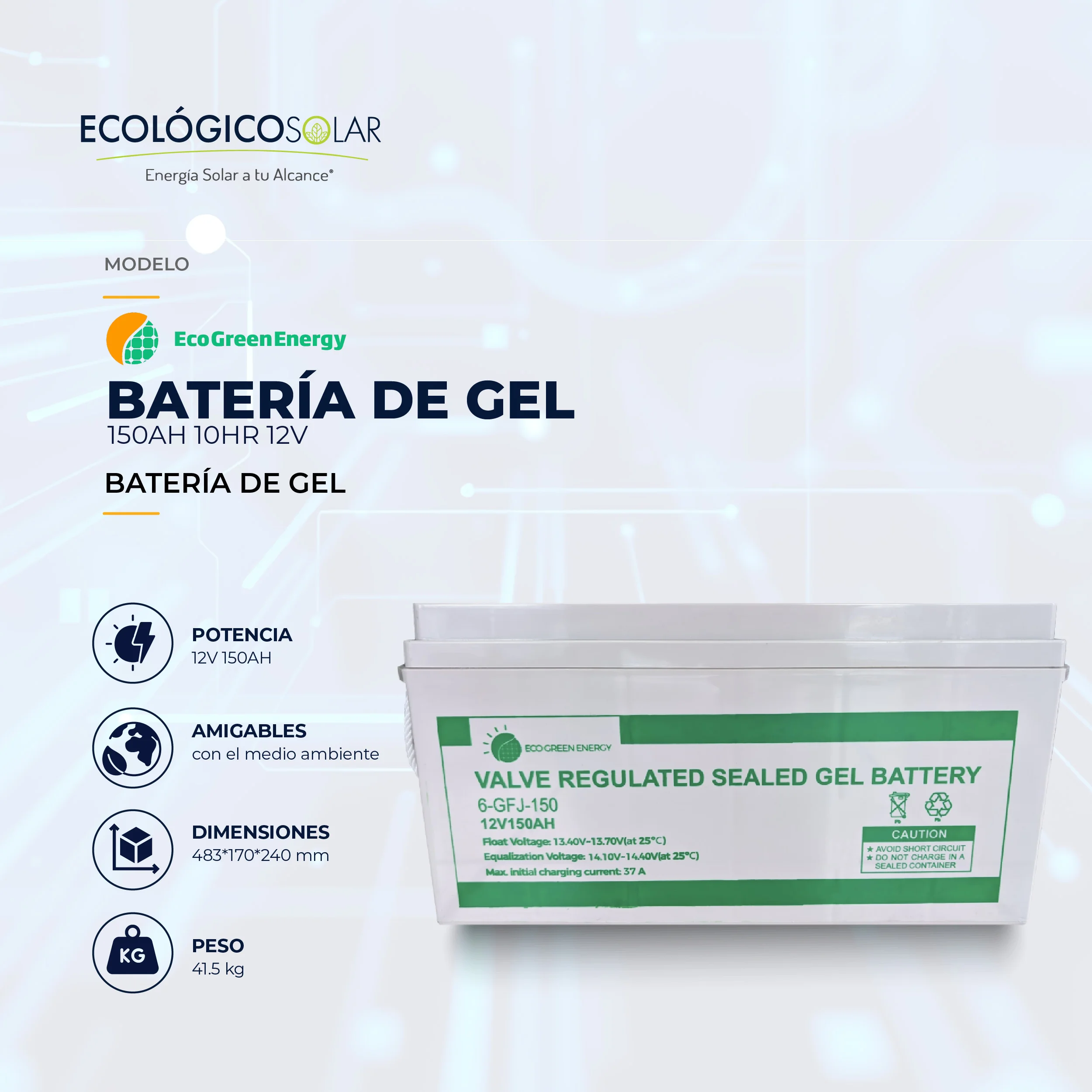 Batería ECO GREEN Gel de 150Ah 10hr 12V