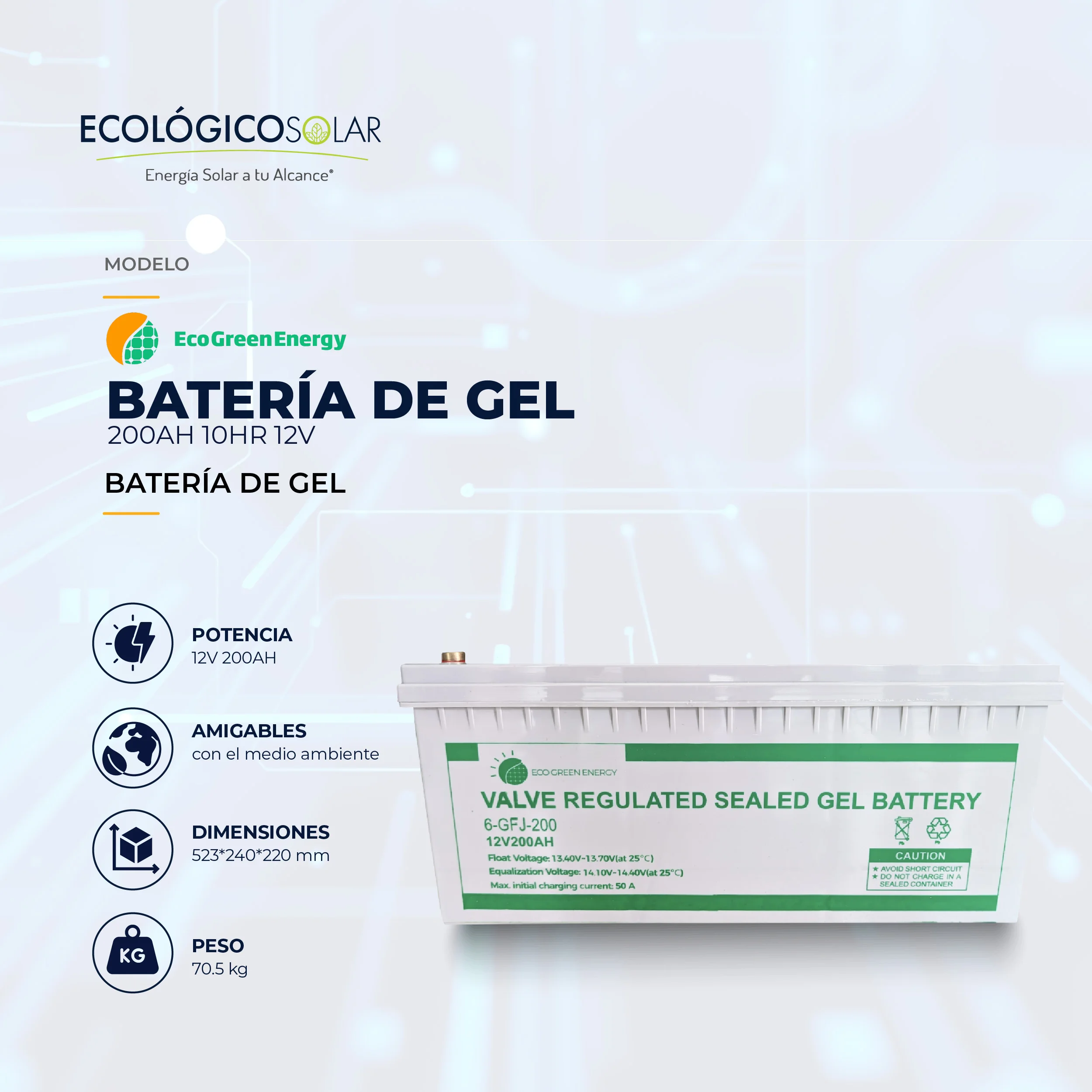 Batería ECO GREEN Gel de 200Ah 10hr 12V