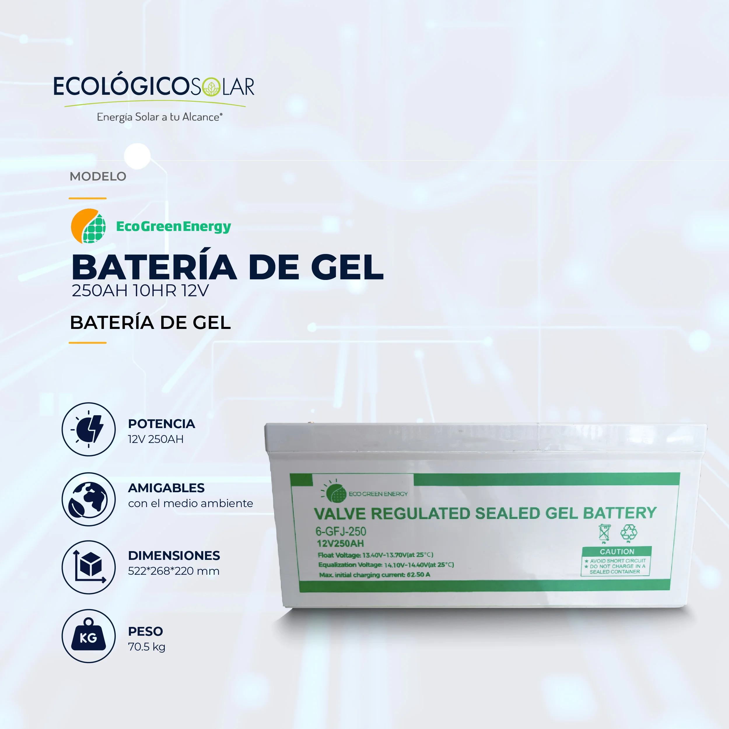 Bateria ECO GREEN Gel de 250Ah 10hr 12V