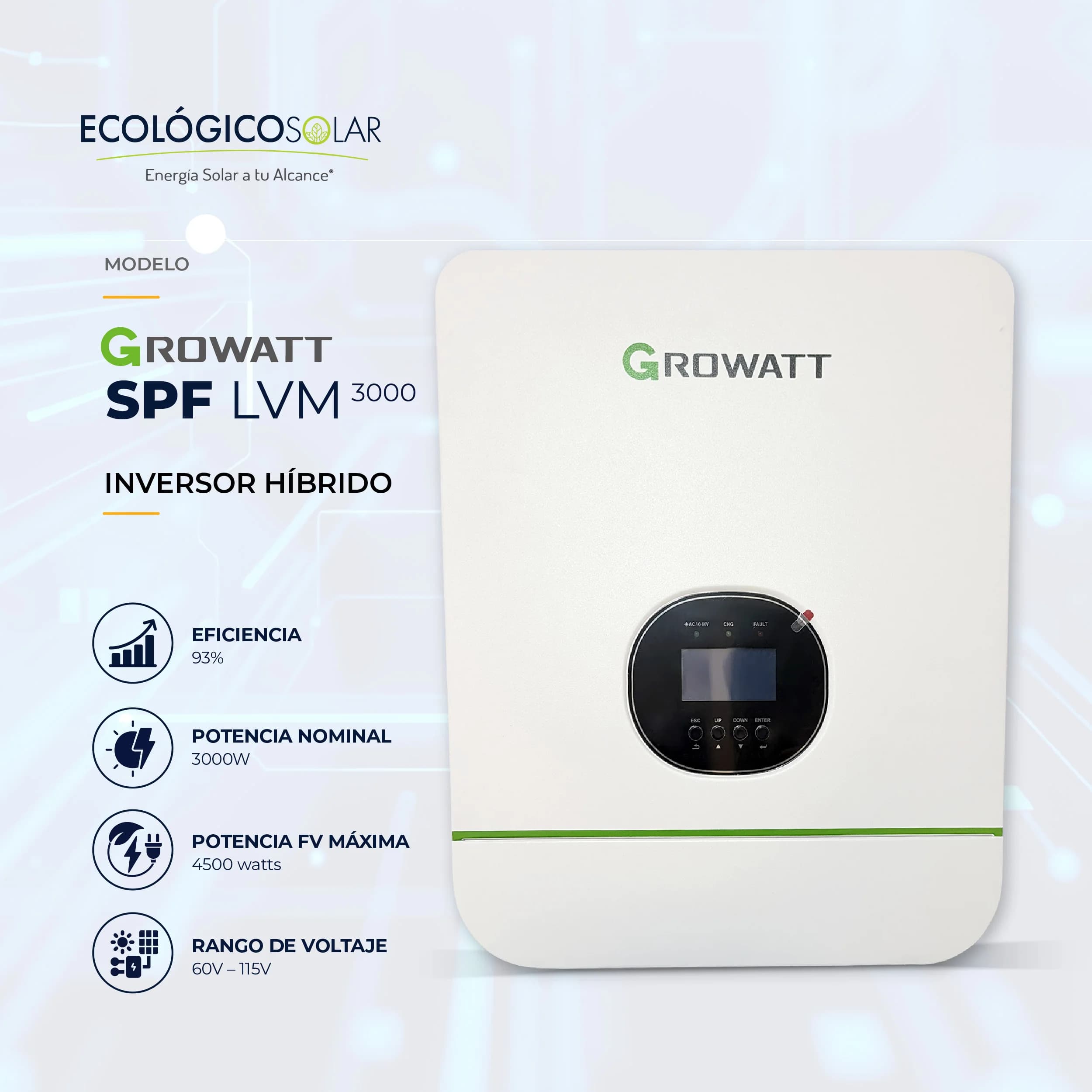 Inversor Cargador SPF LVM 3000 ES Marca Growatt 48v 120V AC - SPF3000TLLVM-48P